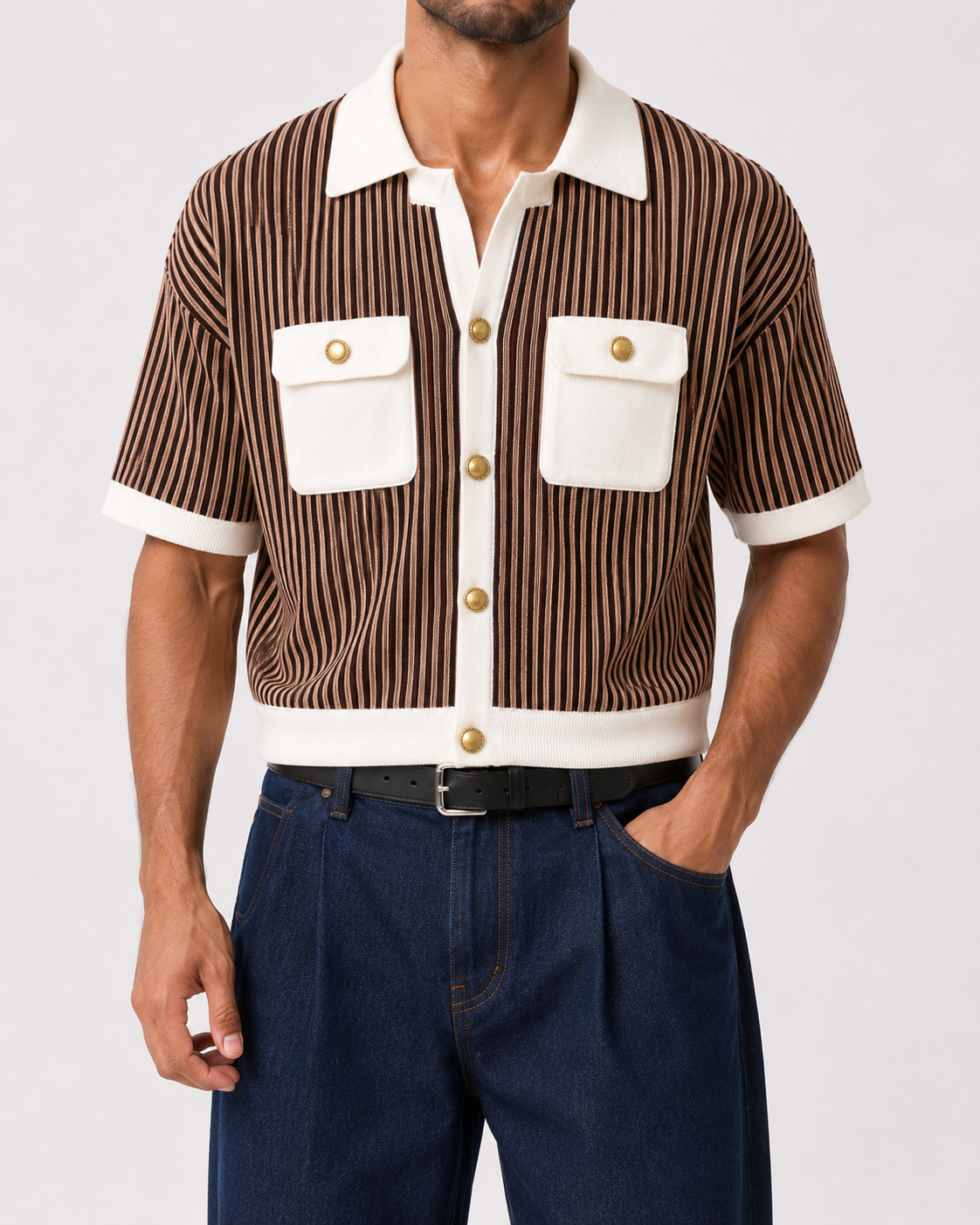 חולצה מכופתרת קרופ STRIPE POCKET