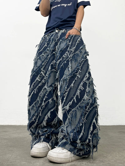 American-Style Trendy Brand Blue Wave Twill Men's Loose Jeans Y2K Street Fashion Frayed Tassel Design Wide-Leg Pants
