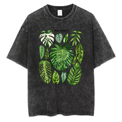 Monstera Leaves Graphic T-Shirt Washed Cotton Men Women Vintage Acid Wash Short Sleeve Retro Botanical Streetwear Tee