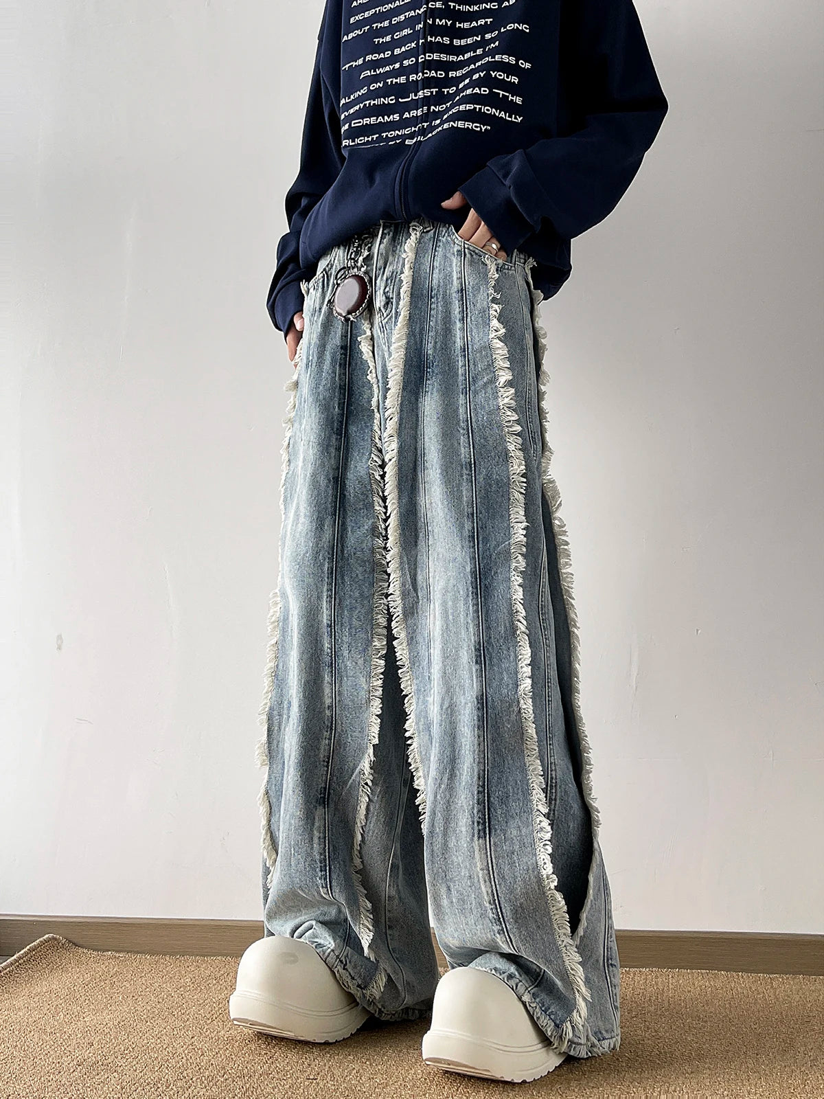 Retro Fringed Design Denim Jeans Loose Floor-Length Slimming Bell Bottoms for Men And Women Summer New Style Casual Long Pants