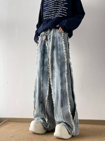 Retro Fringed Design Denim Jeans Loose Floor-Length Slimming Bell Bottoms for Men And Women Summer New Style Casual Long Pants