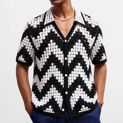 Retro Jacquard Polo Shirts Summer Men's Hollow Out Short Sleeve Casual Cardigan Ethnic Style Crochet Knitted Tops Man Streetwear