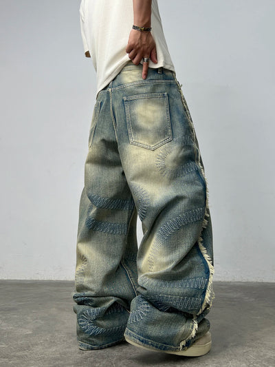 American High Street Heavy-Duty Wavy Seam Baggy Jeans Men Y2K Vintage Distressed Washed Raw-Hem Street Straight-Leg Wide Pants