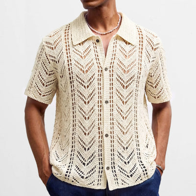 Retro Jacquard Polo Shirts Summer Men's Hollow Out Short Sleeve Casual Cardigan Ethnic Style Crochet Knitted Tops Man Streetwear