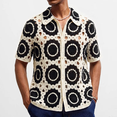 Retro Jacquard Polo Shirts Summer Men's Hollow Out Short Sleeve Casual Cardigan Ethnic Style Crochet Knitted Tops Man Streetwear