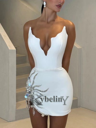 Kybeliny Modern Mini Homecoming Dresses for Women with V-neck Rhinestones Sleeveless Sheath Abendkleider Party Customized