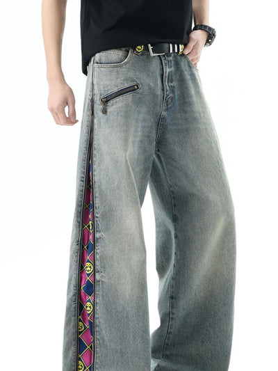 American Style Plaid Denim Pants Men Summer Trendy Wide Leg Straight Cut Floor Length Trousers Retro Patchwork Jeans