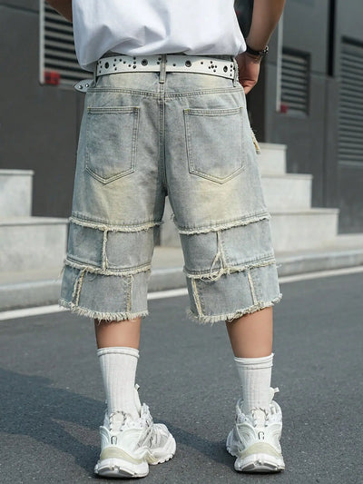 Men's Light‑Blue Spliced Denim Bermuda Shorts / Raw‑Edge Fringed Multi‑Pocket Deconstructed Street‑Style Loose Denim Shorts