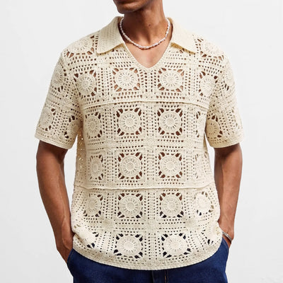 Retro Jacquard Polo Shirts Summer Men's Hollow Out Short Sleeve Casual Cardigan Ethnic Style Crochet Knitted Tops Man Streetwear