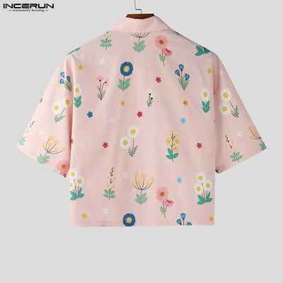 INCERUN Men Shirt Flower Printed Lapel Short Sleeve Button Men Clothing Summer Loose 2026 Vacation Fashion Casual Male Crop Tops