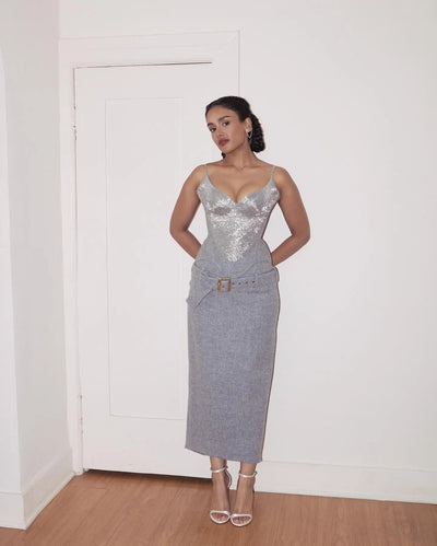 Elegant Glitter Corset Skirt Set Women's Strapless Bodycon Tops Hip Package Skirts With Belt 2026 Sexy Party Two-Piece Outfit ﻿