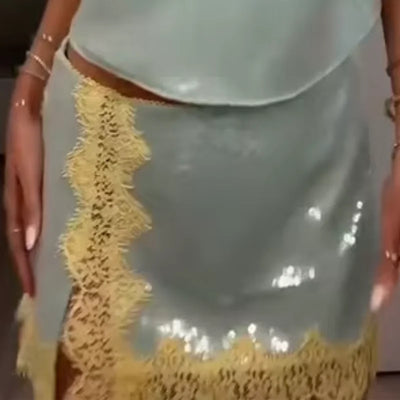 Sexy Lace Sequined Women's Skirt Sets V-neck Backless Cropped Sling Tops Mini A-line Skirt 2026 Summer Lady Beach Party Suits