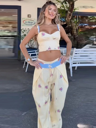 Floral Print Sweetheart Cami Crop Top Lace Up Wide Leg Pants 2026 Autumn Women Two Piece Outfit Street Ladies Casual Suit