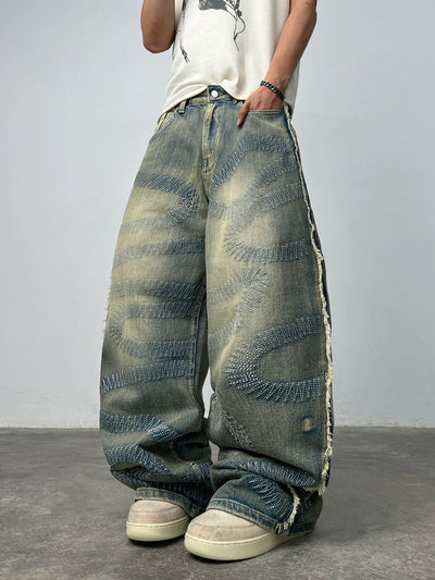 American High Street Heavy-Duty Wavy Seam Baggy Jeans Men Y2K Vintage Distressed Washed Raw-Hem Street Straight-Leg Wide Pants