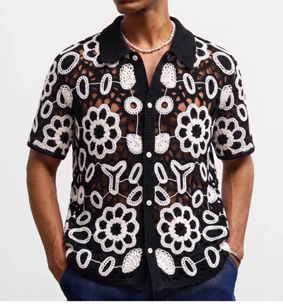 Retro Jacquard Polo Shirts Summer Men's Hollow Out Short Sleeve Casual Cardigan Ethnic Style Crochet Knitted Tops Man Streetwear