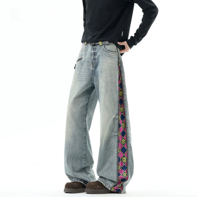 American Style Plaid Denim Pants Men Summer Trendy Wide Leg Straight Cut Floor Length Trousers Retro Patchwork Jeans