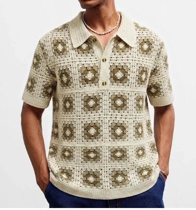 Retro Jacquard Polo Shirts Summer Men's Hollow Out Short Sleeve Casual Cardigan Ethnic Style Crochet Knitted Tops Man Streetwear