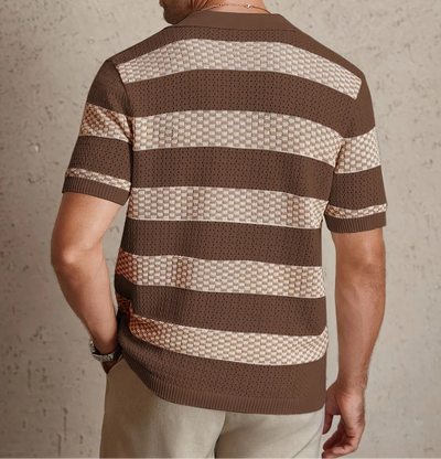 Daily Casual Mens Knitted Polo Shirts 2026 Summer Fashion Striped Contrast Color Knit Pullovers Men Stylish Turn-down Collar Top