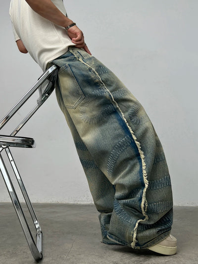 American High Street Heavy-Duty Wavy Seam Baggy Jeans Men Y2K Vintage Distressed Washed Raw-Hem Street Straight-Leg Wide Pants