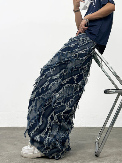 American-Style Trendy Brand Blue Wave Twill Men's Loose Jeans Y2K Street Fashion Frayed Tassel Design Wide-Leg Pants