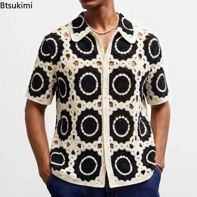 Retro Jacquard Polo Shirts Summer Men's Hollow Out Short Sleeve Casual Cardigan Ethnic Style Crochet Knitted Tops Man Streetwear