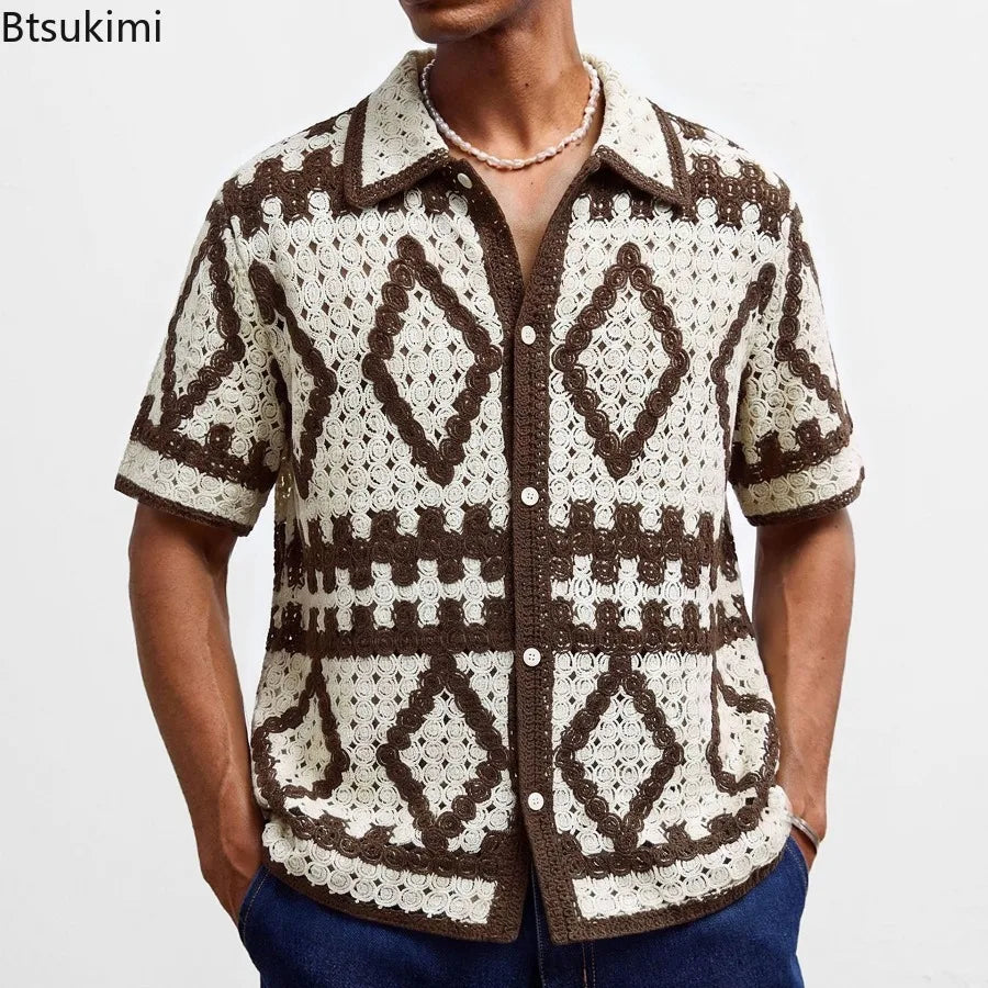 Retro Jacquard Polo Shirts Summer Men's Hollow Out Short Sleeve Casual Cardigan Ethnic Style Crochet Knitted Tops Man Streetwear
