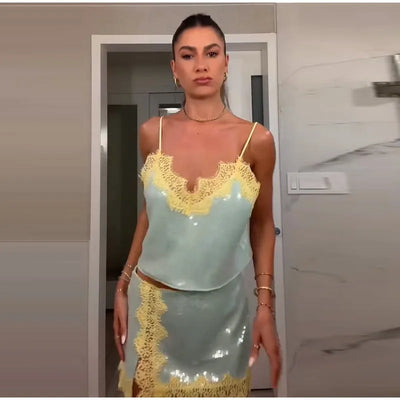 Sexy Lace Sequined Women's Skirt Sets V-neck Backless Cropped Sling Tops Mini A-line Skirt 2026 Summer Lady Beach Party Suits