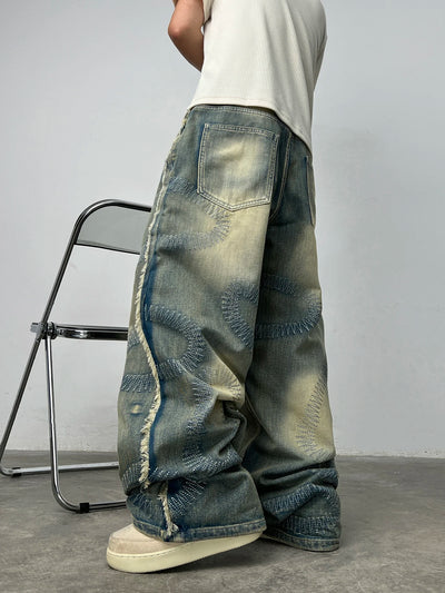 American High Street Heavy-Duty Wavy Seam Baggy Jeans Men Y2K Vintage Distressed Washed Raw-Hem Street Straight-Leg Wide Pants