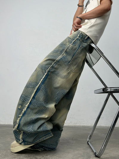 American High Street Heavy-Duty Wavy Seam Baggy Jeans Men Y2K Vintage Distressed Washed Raw-Hem Street Straight-Leg Wide Pants