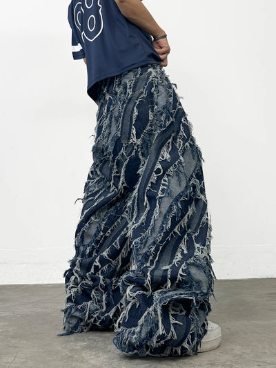 American-Style Trendy Brand Blue Wave Twill Men's Loose Jeans Y2K Street Fashion Frayed Tassel Design Wide-Leg Pants
