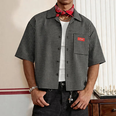 Trendy Men's Cropped Grid Shirts Short Sleeve Loose Fit Casual Streetwear Top with Red Label Detail 2026 Summer New Blouse S-XL