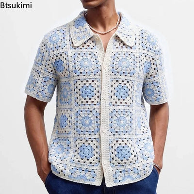 Retro Jacquard Polo Shirts Summer Men's Hollow Out Short Sleeve Casual Cardigan Ethnic Style Crochet Knitted Tops Man Streetwear