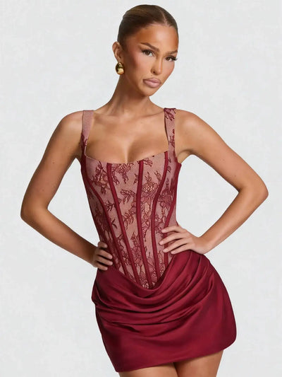 Townlike Lace Patchwork Pleated Dress Women Spaghetti Strap Mini 2026 Spring Summer Dress Evening Nightclub Sexy Party Dresses