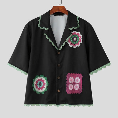 INCERUN Men's Shirt Printing Lace Patchwork Lapel Short Sleeve Male Tops Camisa Streetwear Loose 2026 Stylish Casual Men Clothes
