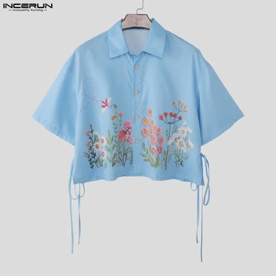 INCERUN Men Shirt Flower Printing Lapel Short Sleeve Summer Men Clothes Streetwear Loose 2026 Fashion Casual Tops Shirts For Man