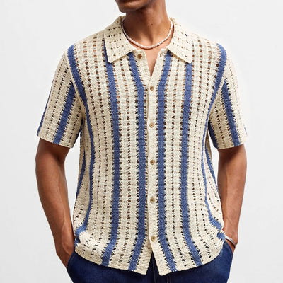 Retro Jacquard Polo Shirts Summer Men's Hollow Out Short Sleeve Casual Cardigan Ethnic Style Crochet Knitted Tops Man Streetwear