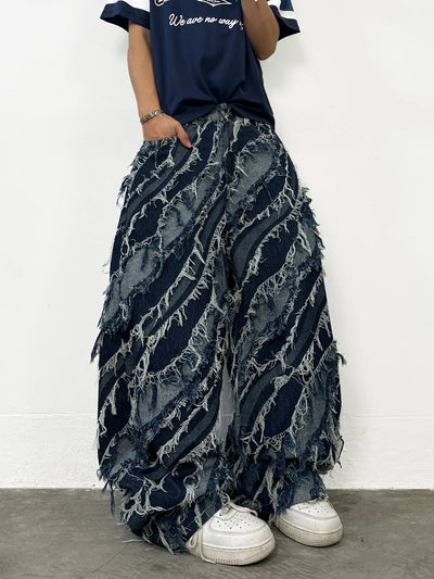 American-Style Trendy Brand Blue Wave Twill Men's Loose Jeans Y2K Street Fashion Frayed Tassel Design Wide-Leg Pants