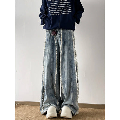 Retro Fringed Design Denim Jeans Loose Floor-Length Slimming Bell Bottoms for Men And Women Summer New Style Casual Long Pants
