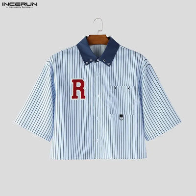 INCERUN Men's Shirt Striped Patchwork Color-block Lapel Half Sleeve Menswear Clothing Streetwear Loose 2026 Camisa Fashion Tops