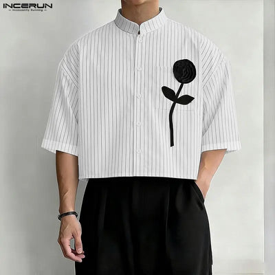 INCERUN Men Shirt Striped Patchwork Stand Collar Short Sleeve Crop Tops For Man Summer Streetwear Loose 2026 Fashion Men Clothes