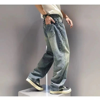 American High Street Fashion Brand Loose Straight Leg Denim Pants for Men, with Patchwork Design and Wide Leg Curved Knife Pants