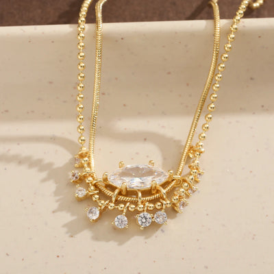 Luxury Copper Necklace for Women with Marquise Artificial Gemstones and Tassel Design, Suitable for Weddings and Banquets.
