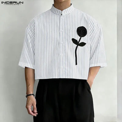 INCERUN Men Shirt Striped Patchwork Stand Collar Short Sleeve Crop Tops For Man Summer Streetwear Loose 2026 Fashion Men Clothes