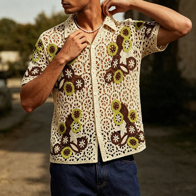 Spring Summer Seaside Beach Casual Shirts Mens Vintage Embroidery Knitting Hollow Out Shirt Stylish Buttoned Lapel Cardigan Tops