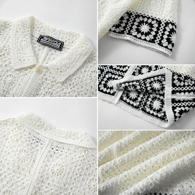 Retro Men's Summer Crochet Short Sleeve Shirts Fashion Hollow Out Knitted Polo Shirts High Quality Jacquard Cardigan Tops SY0069