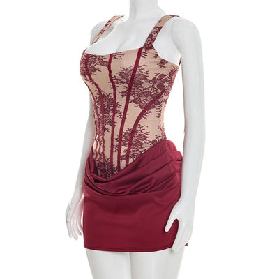 Townlike Lace Patchwork Pleated Dress Women Spaghetti Strap Mini 2026 Spring Summer Dress Evening Nightclub Sexy Party Dresses
