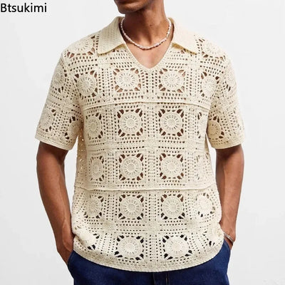 Retro Jacquard Polo Shirts Summer Men's Hollow Out Short Sleeve Casual Cardigan Ethnic Style Crochet Knitted Tops Man Streetwear