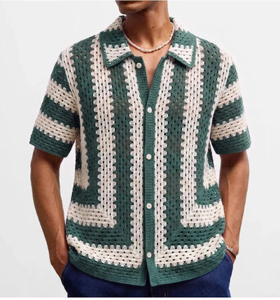 Retro Jacquard Polo Shirts Summer Men's Hollow Out Short Sleeve Casual Cardigan Ethnic Style Crochet Knitted Tops Man Streetwear