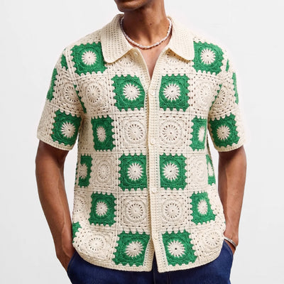 Retro Jacquard Polo Shirts Summer Men's Hollow Out Short Sleeve Casual Cardigan Ethnic Style Crochet Knitted Tops Man Streetwear