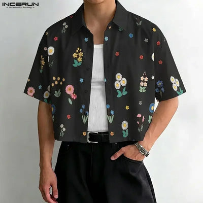 INCERUN Men Shirt Flower Printed Lapel Short Sleeve Button Men Clothing Summer Loose 2026 Vacation Fashion Casual Male Crop Tops